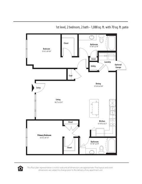Floor plan for 2 beds, 2 baths, 1098 sqft